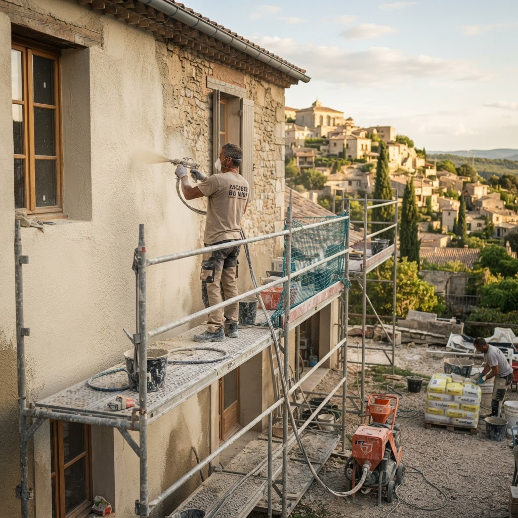 Application mécanisée d’enduit sur échafaudage
